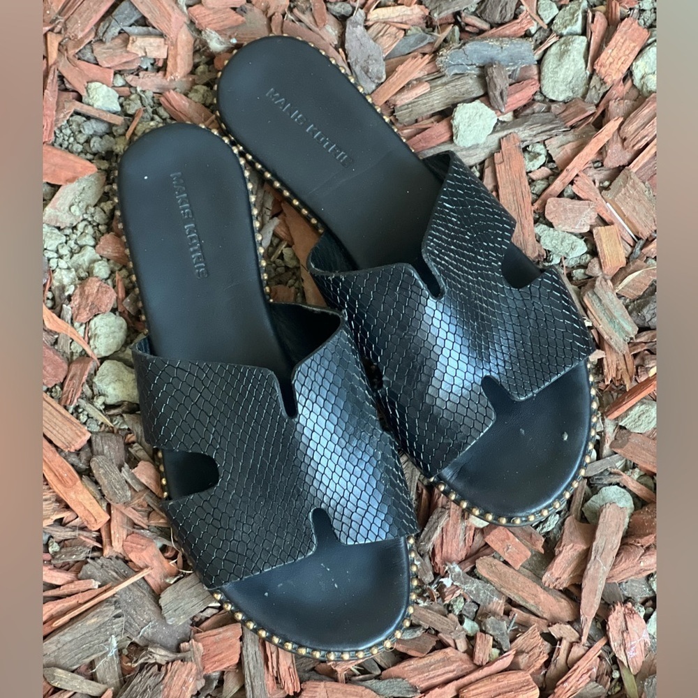 EUC Makis Kotris Greek black snakeskin H sandal gold studs 38